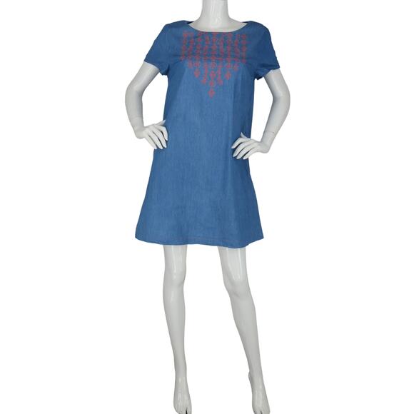 ModCloth Floral Embroidered Chambray Boho Mini Shift Dress L - Picture 1 of 7